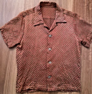 Kimono remake silk shibori dye textured red and brown aloha shirt Small - Picture 1 of 8