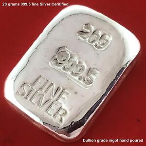 20 Grams Fine Silver 999.5 Bullion Ingot Bar Hand Poured Certified Grade