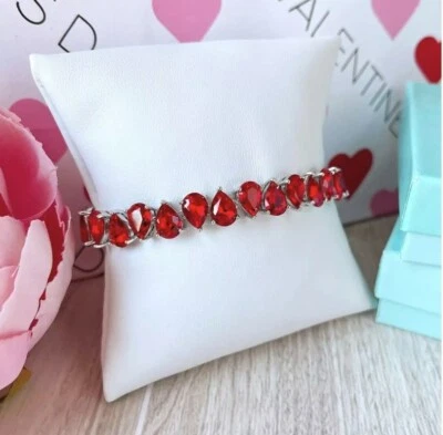 Park Lane VALENTINE Red Pear Silvertone Tennis Crystal Bracelet Ltd Ed Was $292! - Image 1 of 3