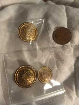 Vintage Shield Crown Rope Edge Set of 3 brass or gold tone metal buttons.  - Image 1 of 2