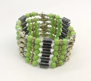 7" Magnetic Hematite/Lime Green Glass Bead Wrap Bracelet Or 37" Lariat Necklace - Picture 1 of 3