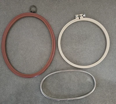 3 Vintage Embroidery Hoops: 2 oval, 1 round. Large oval has hanger for framing - Image 1 of 4