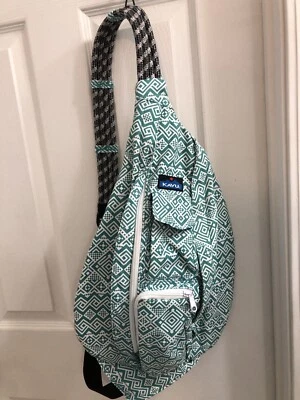 KAVU Sling Bag NEW! Teal Print Multiple Zippered Pockets Adjustable Rope Strap - Image 1 of 4