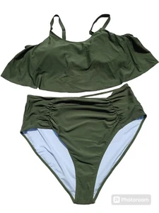 SWIMBEBI Women's 2 Piece Plus Size High Waisted Swimsuit Green Bathing Suit 4XL - Picture 1 of 15