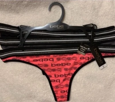 NUEVO CON ETIQUETAS XL Mujeres Bragas BEBE Hola Sexy 3 Pares Logo Tanga Sin Etiqueta Rosa Gris Negro Foto 1 de 4