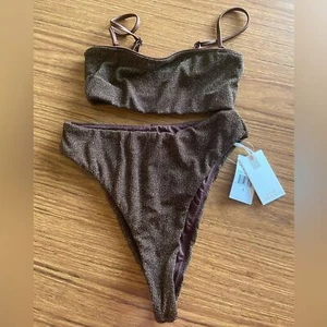 Neu mit Etikett Good American - Bikini-Set mit eckigen Trägern und hoher Taille metallic braun - S/XS - Bild 1 von 8