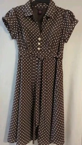 Signature By Robbie Bee Women's Size 10 Dress Brown White Polka Dot Belted (CB6) - Picture 1 of 9