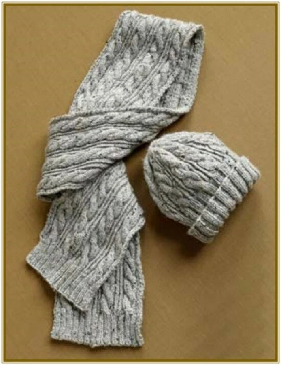 Knitting Pattern Ladies or Mens Hat and Scarf with Cable Pattern in Aran Yarn  - Image 1 of 1