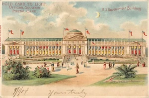 Tarjeta postal Hold to Light 1904 edificio del gobierno de Estados Unidos Feria Mundial St. Louis MO - Imagen 1 de 2