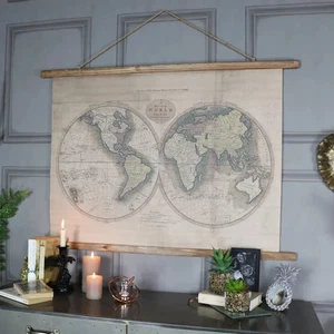 Large Rustic World Map Hanging Canvas Print farmhouse wall art decor vintage - Picture 1 of 4