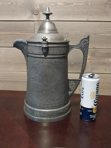 19th Century Reed & Barton Pewter Ice Pitcher Ceramic Insert / Homestead Scene - Picture 1 of 16