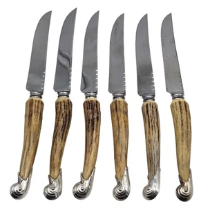 6 ~ antike WILLIAM ADAMS Steakmesser mit Sterlingsilber/Hirschgeweihgriff - Bild 1 von 3