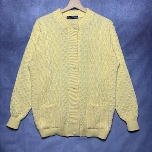 Vintage Pink Women's M/L Yellow Cable Knit Cardigan Sweater Acrylic Made in UK - Picture 1 of 13
