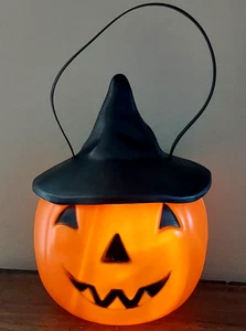 Vtg Empire Blow Mold Orange Pumpkin Pail w Witch’s Hat Lid Lighted w/ Light - Picture 1 of 8