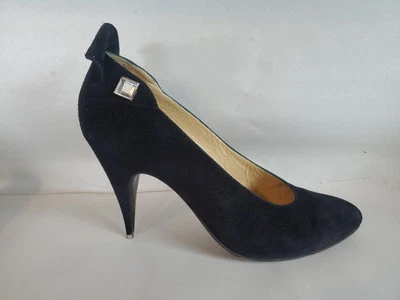 Zapatos de tacón alto de gamuza negros vintage Maud Frizon talla 37 Paris tacón de ala joya Foto 1 de 4