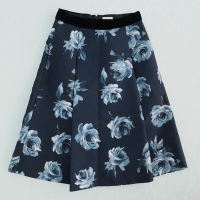 Kate Spade Night Rose Mikado Skirt Size 4 Rich Navy Floral Print Pleated A Line - Image 1 of 4