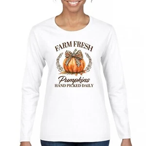 Farm Fresh Pumpkins Women's Long Sleeve T-shirt Fall Cozy Thanksgiving Cute - Picture 1 of 50