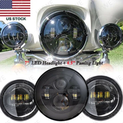 Faro proyector LED negro de 7" para Harley Davidson Touring + luz de paso de 4,5" Foto 1 de 4