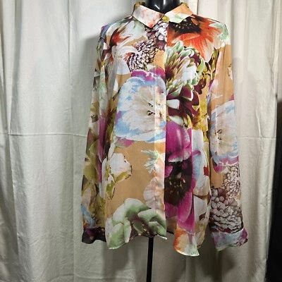 Simple Vera Wang Bold Floral Print Chiffon Button Down Long Sleve Blouse  XL. - Image 1 of 4