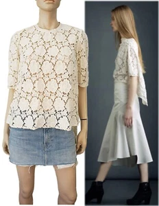 MORGANE LE FAY Gr. M Puffärmel High Low creme Blumen Spitze Bluse BRANDNEU - Bild 1 von 6