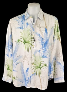 TOMMY BAHAMA Mens LINEN Blue L/S LUXURY HAWAIIAN SHIRT Reverse Print - L - 50" - Picture 1 of 14