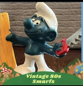 Vintage 80s Smurf Germany Schleich Peyo PVC Handy carpenter Wood Board saw - Picture 1 of 7