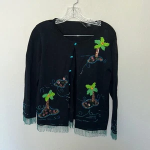 Christina Rotelli Black Cardigan Size Small Beach Summer Boho Beaded Novelty - Picture 1 of 5