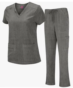 Medical Natural Uniforms Women's Cool Stretch V-Neck Top Cargo Pant gray XSmall - Picture 1 of 13