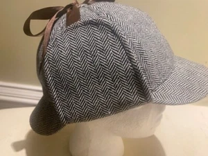 Sherlock Holmes Double Bill Ear Flap Equestrian Hat Cap Brown Herringbone Sz 57 - Picture 1 of 7