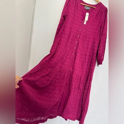 NWT Anthropologie Viola Maxi Cotto Tiered Dress Magenta Boho pocket long sleeve - Image 1 of 4