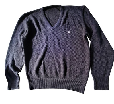 复古 Christian Dior 男式 V 领毛衣,海军蓝 L,Orlon 丙烯酸美国制造 — 第 1/4 张图片