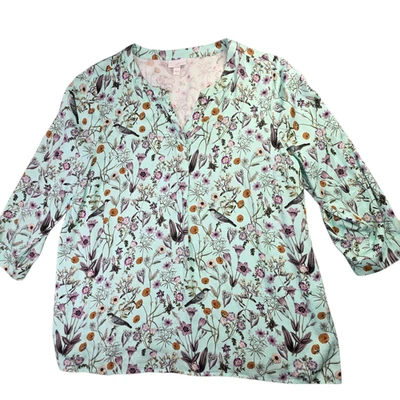 Camisa para mujer Jill grande verde menta floral estampado de pájaros túnica viscosa cottagecore Foto 1 de 4