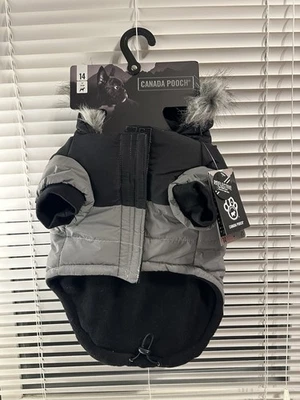 Canada Pooch Dog Coat 14 (12-17lb) Gray/blk North Pole Hooded Parka Fleece Lined - Image 1 of 4