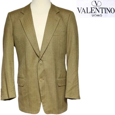 Valentino Uomo Italy Sport Coat Suit Jacket Gold Beige Wool Herringbone Fall 44 - Image 1 of 4