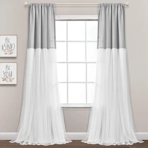 Tulle Skirt Colorblock Window Curtain Panel Pair, 84" L x 40" W, Light Gray &... - Picture 1 of 9