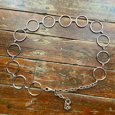 Vintage Silver Tone Lock Sculptural Disc Chain Belt Groovy Mod Boho 37" Long - Image 1 of 4