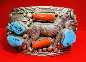 Native American Navajo Sterling Silver Coral Turquoise Wolf Cuff Bracelet Signed - Picture 1 of 11