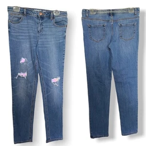 Cat & Jack Girls Jeans Sz 16 Skinny Stretch Blue Sequined Holes Adjustable Waist - Picture 1 of 7