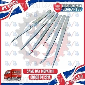SET OF SIX TWEEZERS LONG FLAT THIN ROUNDED SELF CLOSING BENT NOSE PRECISION UK - Picture 1 of 4