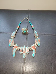 Tibetan Necklace Turquoise And Coral Ethnic Handmade Silver Necklace And Ring - Picture 1 of 4