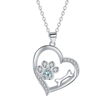 European Cute Dog Claw Heart CZ Necklace Pendant For Women Jewelry Silver Plated - Image 1 of 4