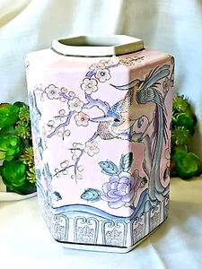 VTG Japanese Porcelain Floral pink & blue Hexagon Jar Vase Decorated In Macau  - Picture 1 of 11