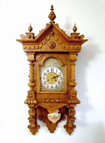 Antique German Wall Clock 8-day-movement, signed Junghans, 19th  brass and wood Cover
