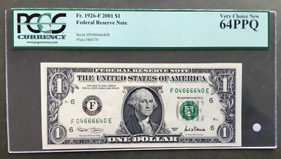 2001 $1 FEDERAL RESERVE NOTE [] ATLANTA [] RADAR  PCGS 64PPQ    0 4 6 6 6 6 4 0 - Image 1 of 3