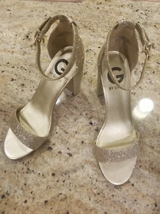 SEXY "G" GUESS Sparkly Gold Open Toe Heels Sandals Size 6 - Picture 1 of 8