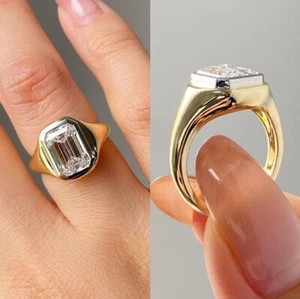 Men's Bezel Set Ring 2Ct Emerald IGI Certified Lab Grown Diamond 14k Yellow Gold - Picture 1 of 23