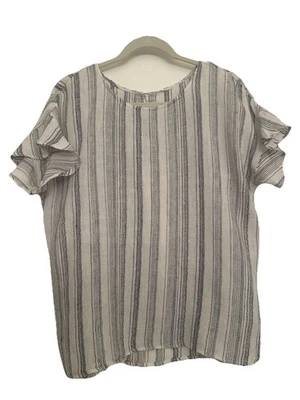 Women’s Linen Short Flutter Sleeve Boho Striped Top Lightweight - Image 1 of 4
