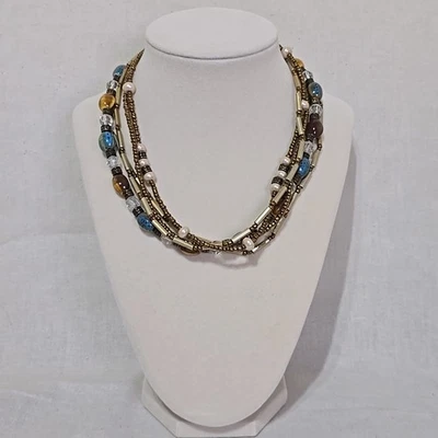 Premier Designs "Global" Necklace Brass Blue Pearl Brown Boho Ethnic Western - Image 1 of 4