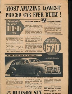 Anuncio de revista - 1940 - Hudson Six De Luxe Touring Sedán - Imagen 1 de 1