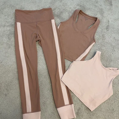 Athleta Set Dark Pink Light Pink Rib Trim Elation Leggings 2 Matching Tops XS - Image 1 of 4